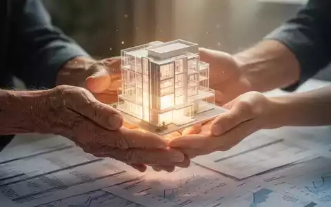 Zwei Hände, eine ältere und eine jüngere, halten sanft ein leuchtendes, ätherisches Architekturmodell eines modernen Gebäudes. - Foto: über boerse-global.de
