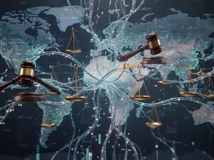 Abstraktes Bild mit Datenströmen, die sich mit Rechtssymbolen verflechten, symbolisiert KI-Regulierung und Datenschutz weltweit. - Foto: über boerse-global.de