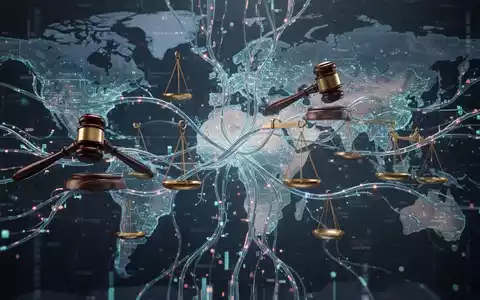 Abstraktes Bild mit Datenströmen, die sich mit Rechtssymbolen verflechten, symbolisiert KI-Regulierung und Datenschutz weltweit. - Foto: über boerse-global.de