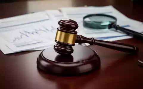 Ein Nahaufnahme eines Richthammer auf einem dunklen Holztisch mit unscharfen Finanzdokumenten und einer Lupe im Hintergrund. - Foto: über boerse-global.de