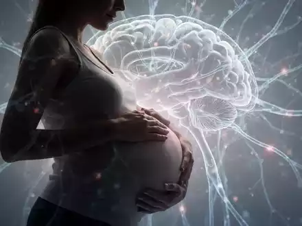 Eine schwangere Frau berührt ihren Bauch, mit abstrakten neuronalen Pfaden im Hintergrund, die wissenschaftliche Forschung darstellen. - Foto: über boerse-global.de