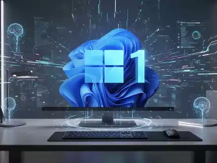 Holografisches Windows 11-Logo über einem modernen Desktop, Symbol für Verbreitung und Technologiezukunft. - Foto: über boerse-global.de