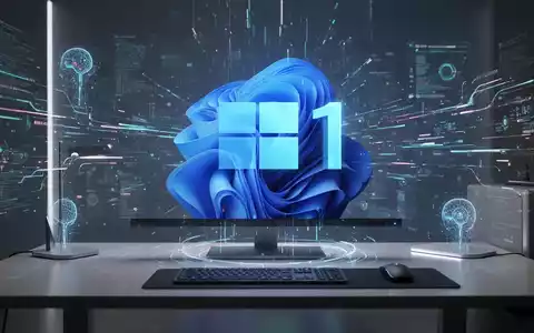 Holografisches Windows 11-Logo über einem modernen Desktop, Symbol für Verbreitung und Technologiezukunft. - Foto: über boerse-global.de