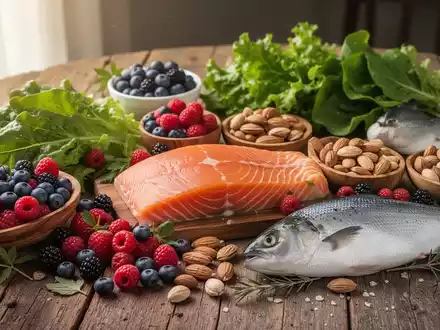 Eine Nahaufnahme einer Auswahl an frischen, antientzündlichen Lebensmitteln wie Beeren, Nüssen, Fisch und grünem Gemüse auf einem Holztisch. - Foto: über boerse-global.de