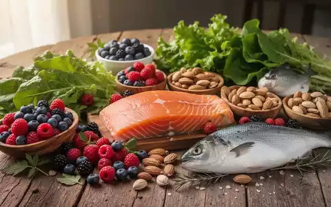 Eine Nahaufnahme einer Auswahl an frischen, antientzündlichen Lebensmitteln wie Beeren, Nüssen, Fisch und grünem Gemüse auf einem Holztisch. - Foto: über boerse-global.de