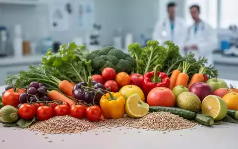 Nahaufnahme einer Auswahl an frischen, farbenfrohen pflanzlichen Lebensmitteln, darunter Gemüse, Obst und Vollkornprodukte. - Foto: über boerse-global.de