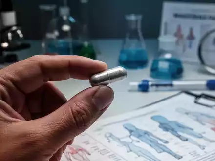 Eine Hand hält eine Magnesiumkapsel vor einem unscharfen Hintergrund aus Laborgeräten und medizinischen Diagrammen. - Foto: über boerse-global.de