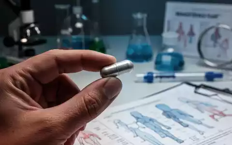 Eine Hand hält eine Magnesiumkapsel vor einem unscharfen Hintergrund aus Laborgeräten und medizinischen Diagrammen. - Foto: über boerse-global.de