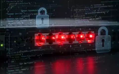 Netzwerk-Router mit glühenden roten Lichtern und digitalen Code-Overlays, symbolisiert eine kritische, ungepatchte Sicherheitslücke. - Foto: über boerse-global.de