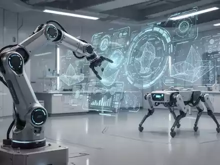 Ein Roboterarm interagiert mit einem holografischen Display, das Daten zeigt. Im Hintergrund ist ein vierbeiniger Roboter. - Foto: über boerse-global.de