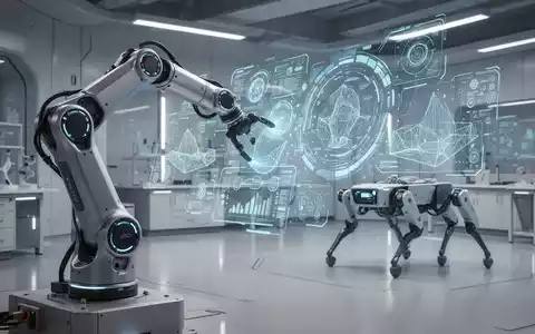 Ein Roboterarm interagiert mit einem holografischen Display, das Daten zeigt. Im Hintergrund ist ein vierbeiniger Roboter. - Foto: über boerse-global.de