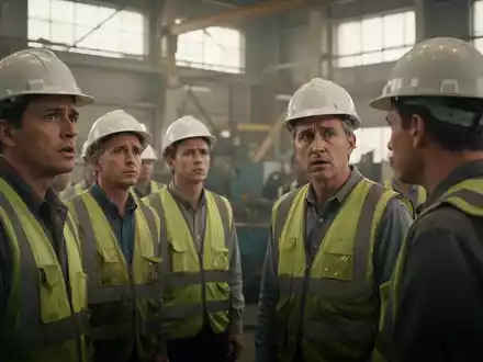 Arbeiter in einer Fabrikhalle, einige wirken besorgt, andere diskutieren. Ein Gefühl der Unsicherheit und des Übergangs. - Foto: über boerse-global.de