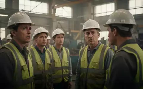 Arbeiter in einer Fabrikhalle, einige wirken besorgt, andere diskutieren. Ein Gefühl der Unsicherheit und des Übergangs. - Foto: über boerse-global.de