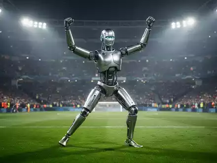 Humanoides Robot auf einem Fußballfeld im Stadion, dynamische Pose während einer WM-Halbzeitshow. - Foto: über boerse-global.de
