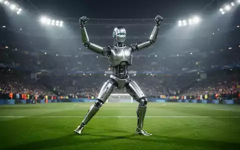 Humanoides Robot auf einem Fußballfeld im Stadion, dynamische Pose während einer WM-Halbzeitshow. - Foto: über boerse-global.de