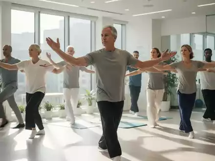 Eine Gruppe von Menschen praktiziert achtsame, fließende Bewegungen, ähnlich Yoga oder Qigong, in einem hellen, modernen Raum. - Foto: über boerse-global.de