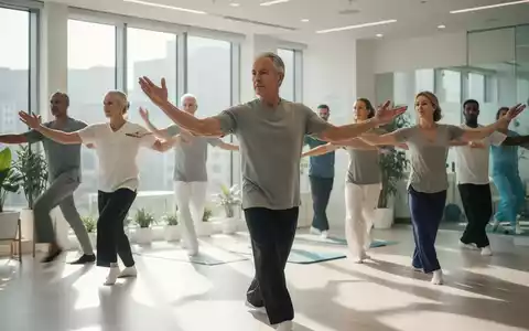 Eine Gruppe von Menschen praktiziert achtsame, fließende Bewegungen, ähnlich Yoga oder Qigong, in einem hellen, modernen Raum. - Foto: über boerse-global.de