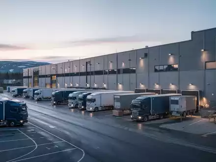 Ein modernes schwedisches Logistiklager bei Sonnenaufgang, mit Lastwagen und aktiven Laderampen. - Foto: über boerse-global.de