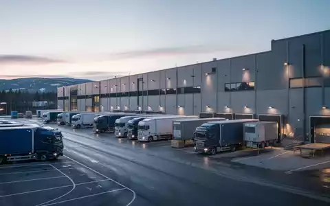 Ein modernes schwedisches Logistiklager bei Sonnenaufgang, mit Lastwagen und aktiven Laderampen. - Foto: über boerse-global.de