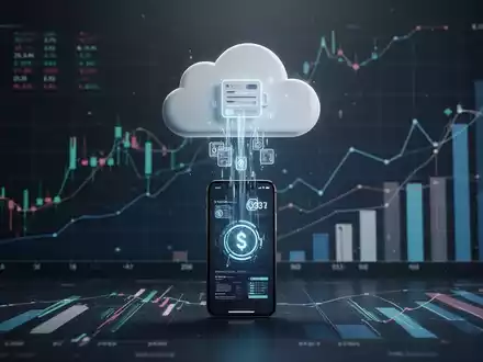Smartphone mit Cloud-Speicher, Daten fließen hinein, vor Finanzchart-Hintergrund. - Foto: über boerse-global.de