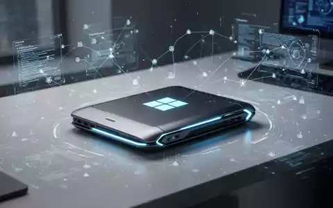 Schlanker, futuristischer Windows-PC in Taschengröße mit blauen Leuchtakzenten auf einem minimalistischen Schreibtisch, umgeben von digitalen Datenprojektionen. - Foto: über boerse-global.de