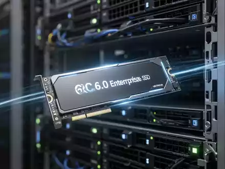 Nahaufnahme einer modernen PCIe 6.0 Enterprise-SSD in einem Server-Rack mit leuchtenden Details und unscharfem Hintergrund. - Foto: über boerse-global.de