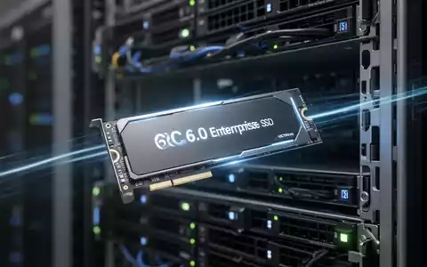 Nahaufnahme einer modernen PCIe 6.0 Enterprise-SSD in einem Server-Rack mit leuchtenden Details und unscharfem Hintergrund. - Foto: über boerse-global.de