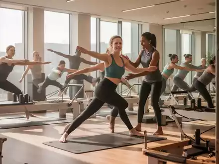 Menschen unterschiedlichen Alters praktizieren Pilates auf Matten und Reformern in einem modernen, hellen Studio unter Anleitung. - Foto: über boerse-global.de