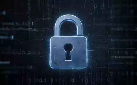 Leuchtend blaues Vorhängeschloss-Symbol vor dunklem, abstraktem Hintergrund aus digitalem Code, symbolisiert Cybersicherheit und Datenschutz. - Foto: über boerse-global.de