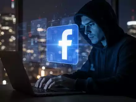 Person in Kapuzenjacke tippt auf Laptop, Facebook-Logo auf Bildschirm, symbolisiert Phishing-Angriff. - Foto: über boerse-global.de