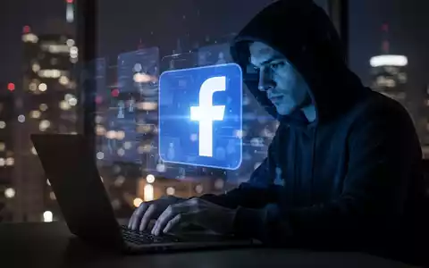 Person in Kapuzenjacke tippt auf Laptop, Facebook-Logo auf Bildschirm, symbolisiert Phishing-Angriff. - Foto: über boerse-global.de