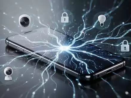 Schlankes Smartphone mit leuchtenden KI-Funktionen auf dem Bildschirm, umgeben von Smart-Home-Symbolen, für moderne Technologie. - Foto: über boerse-global.de