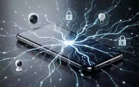 Schlankes Smartphone mit leuchtenden KI-Funktionen auf dem Bildschirm, umgeben von Smart-Home-Symbolen, für moderne Technologie. - Foto: über boerse-global.de