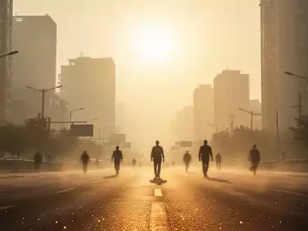 Eine von Hitzewellen betroffene, diesige Stadtlandschaft unter sengender Sonne, mit Hitzeflimmern über dem Asphalt. - Foto: über boerse-global.de