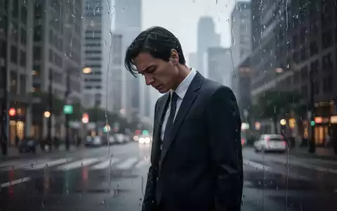 Eine nachdenkliche, gut gekleidete Person steht auf einer regnerischen Stadtstraße, den Blick gesenkt, im Hintergrund eine verschwommene Skyline. - Foto: über boerse-global.de