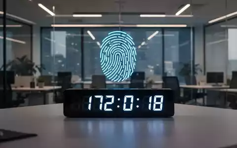 Eine digitale Uhr zeigt Arbeitsstunden, ein stilisiertes Fingerabdruck-Symbol und ein modernes Büro im Hintergrund. - Foto: über boerse-global.de
