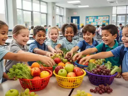 Glückliche Schulkinder greifen in einer modernen Cafeteria nach frischem Obst und Gemüse, das auf einem Tisch in bunten Körben liegt. - Foto: über boerse-global.de