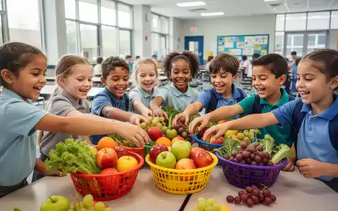 Glückliche Schulkinder greifen in einer modernen Cafeteria nach frischem Obst und Gemüse, das auf einem Tisch in bunten Körben liegt. - Foto: über boerse-global.de