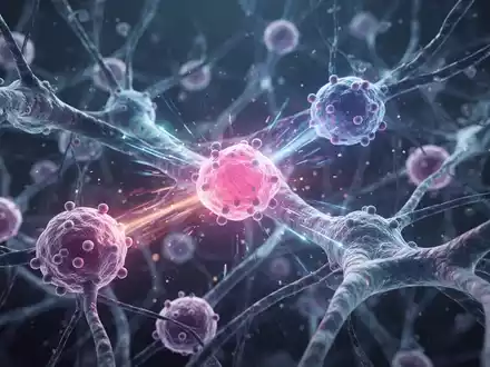Mikroskopische Ansicht von Hirngewebe mit leuchtenden Nanopartikeln, die auf spezifische Zellen abzielen, symbolisiert einen Impfstoff gegen Hirntumoren. - Foto: über boerse-global.de