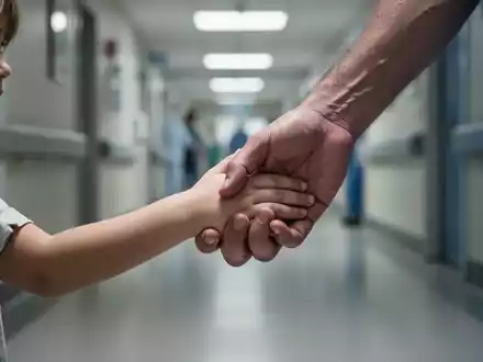 Eine Nahaufnahme einer Kinderhand, die eine Erwachsenenhand hält, vor dem verschwommenen Hintergrund eines Krankenhausflurs. - Foto: über boerse-global.de