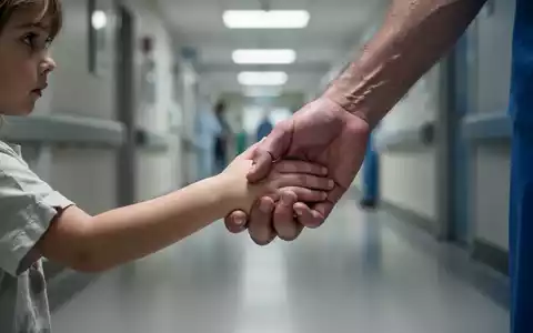 Eine Nahaufnahme einer Kinderhand, die eine Erwachsenenhand hält, vor dem verschwommenen Hintergrund eines Krankenhausflurs. - Foto: über boerse-global.de