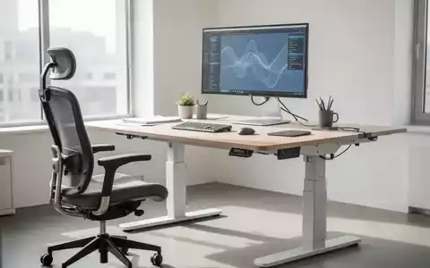 Ein moderner, ergonomischer Arbeitsplatz mit höhenverstellbarem Schreibtisch, Bürostuhl und Monitor in einem hellen Büro. - Foto: über boerse-global.de