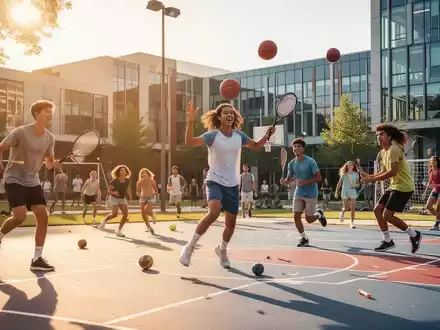 Studenten treiben Sport auf einem modernen Universitätsgelände während der vorlesungsfreien Zeit im Sommer. - Foto: über boerse-global.de
