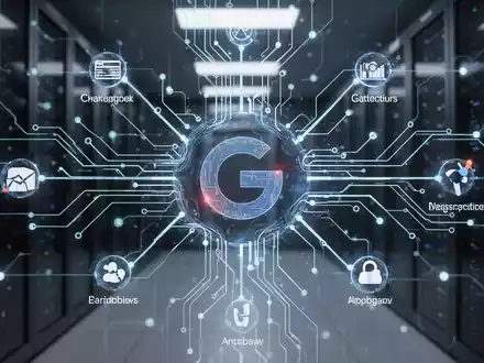 Leuchtendes, abstraktes neuronales Netz mit dezentem 'G'-Logo in der Mitte, vor dunklem, unscharfem Serverraum. - Foto: über boerse-global.de