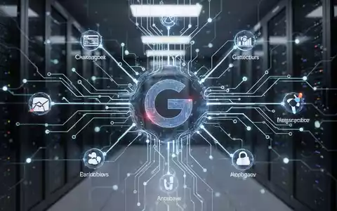 Leuchtendes, abstraktes neuronales Netz mit dezentem 'G'-Logo in der Mitte, vor dunklem, unscharfem Serverraum. - Foto: über boerse-global.de