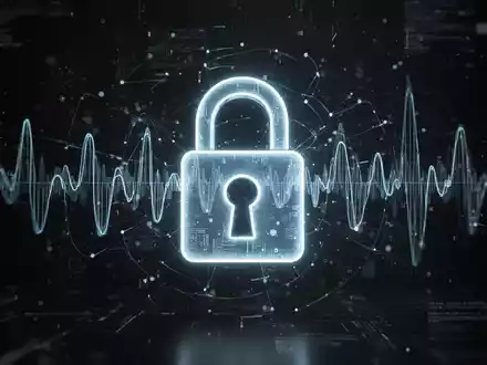 Leuchtendes digitales Passkey-Symbol mit Vorhängeschloss, überlagert von abstrakten Sprachwellen und Datenströmen, symbolisiert Sicherheit und Vishing-Angriffe. - Foto: über boerse-global.de