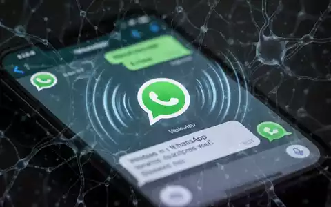 Ein Smartphone zeigt einen WhatsApp-Chat mit einer Sprachnachricht, überlagert von einem subtilen, bedrohlichen digitalen neuronalen Netzwerkmuster. - Foto: über boerse-global.de