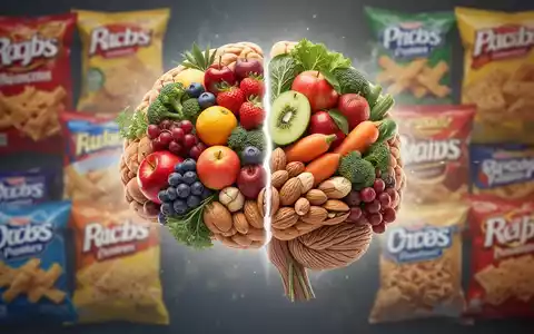 Ein stilisiertes Gehirn aus frischen Lebensmitteln wie Obst und Gemüse, kontrastiert mit unscharfen, verarbeiteten Snacks im Hintergrund. - Foto: über boerse-global.de
