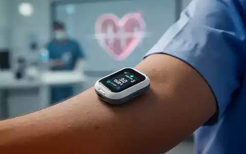 Ein kontinuierlicher Glukosemonitor (CGM) auf dem Arm einer Person, mit verschwommenem medizinischem Hintergrund. - Foto: über boerse-global.de