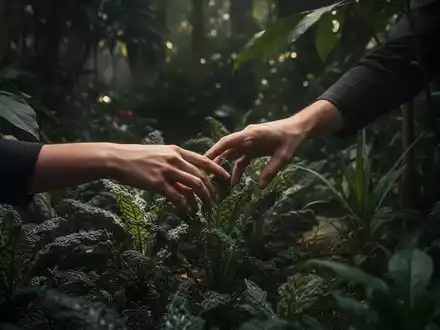 Eine Hand berührt sanft Pflanzen in einem abgedunkelten botanischen Garten. Der Fokus liegt auf haptischen und olfaktorischen Erfahrungen. - Foto: über boerse-global.de
